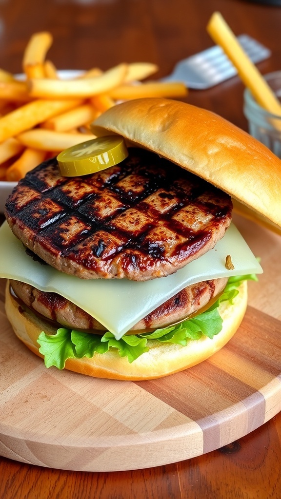 A seasoned hamburger patty on a bun with lettuce, tomato, cheese, and pickles, alongside fries.